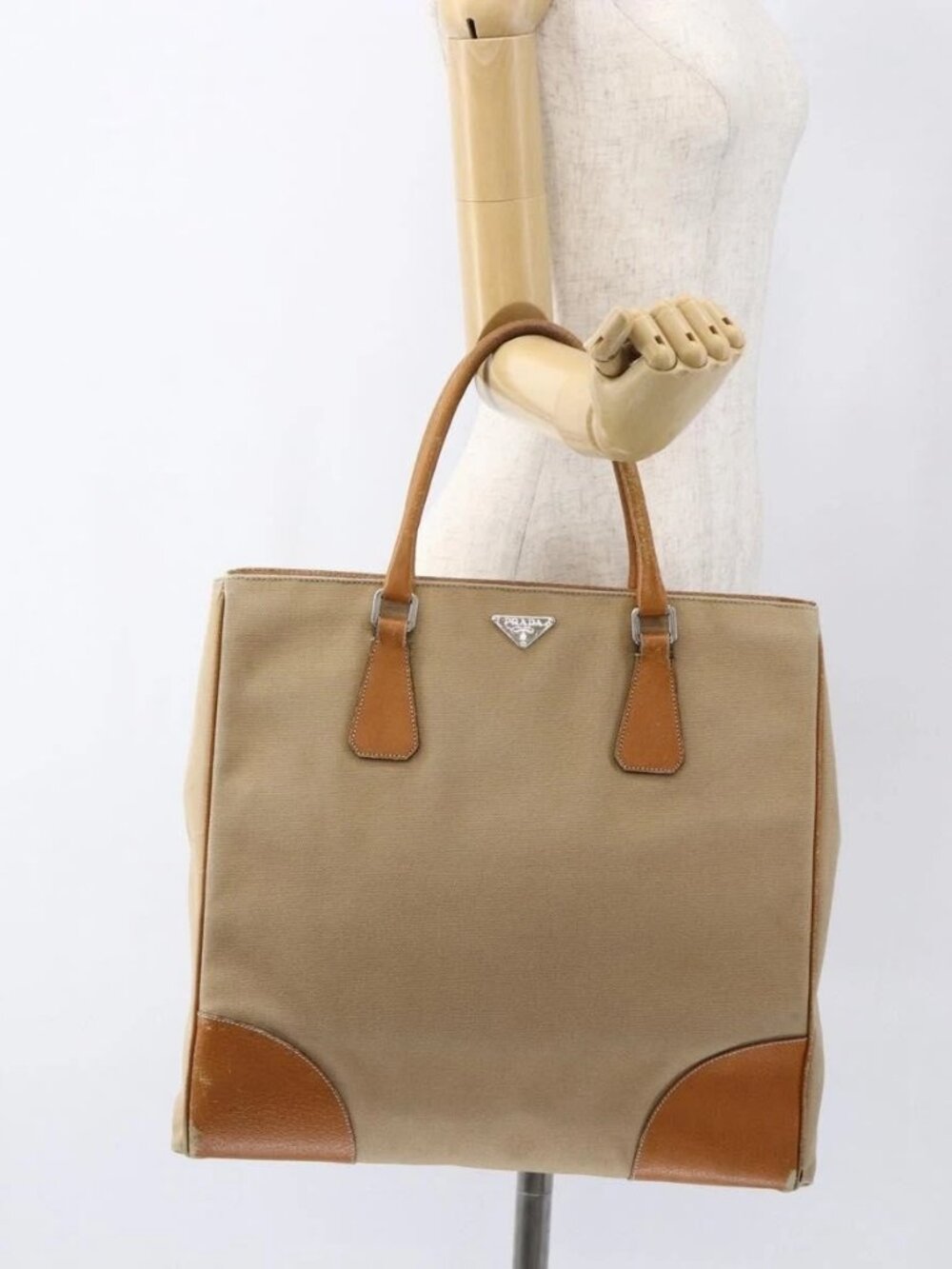 PRADA Hand Bag Canvas Leather Beige Silve